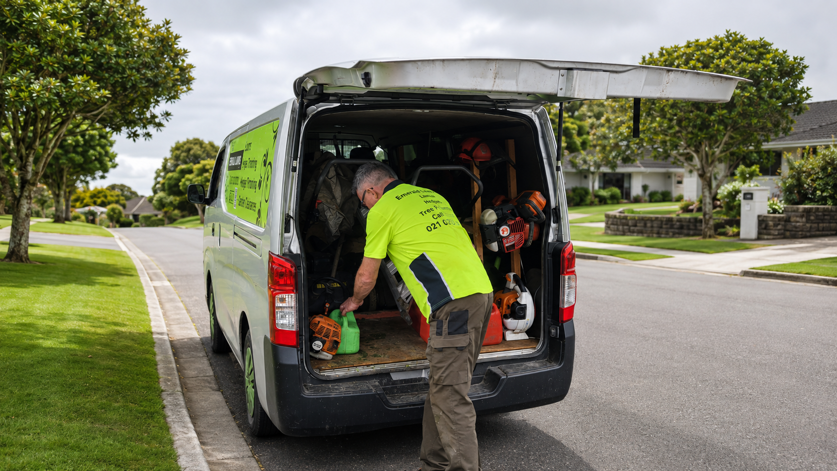 Steve loading equipment into the Emerald Lawns van on an Auckland street