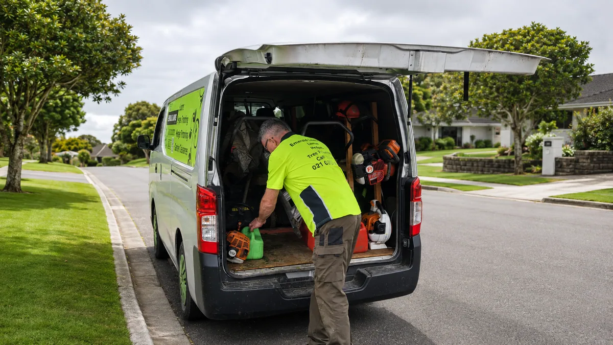 Steve loading equipment into the Emerald Lawns van on an Auckland street